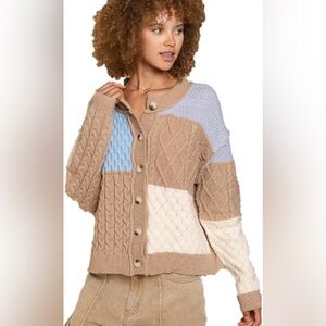 POL Blue and Tan Patchwork Cardigan